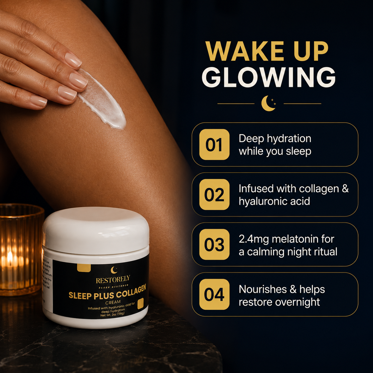 Restorely Sleep Plus Collagen Cream benefit checklist infographic