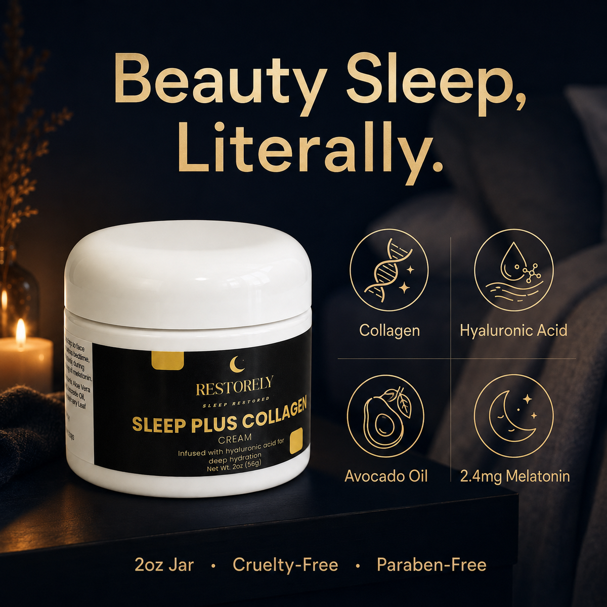 Restorely Sleep Plus Collagen Cream ingredient benefit infographic