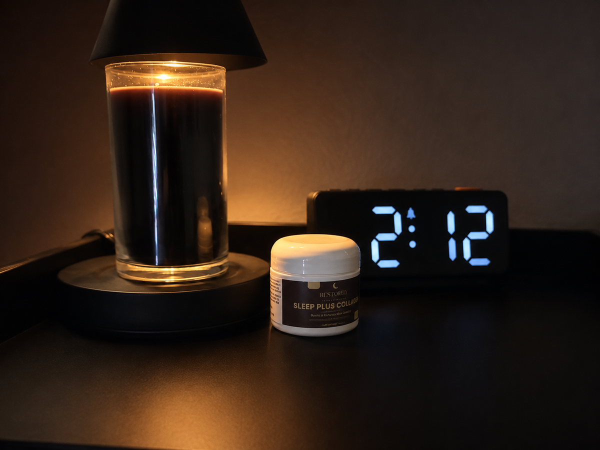 Restorely Sleep Plus Collagen Night Cream — cinematic night ritual with candle warmer