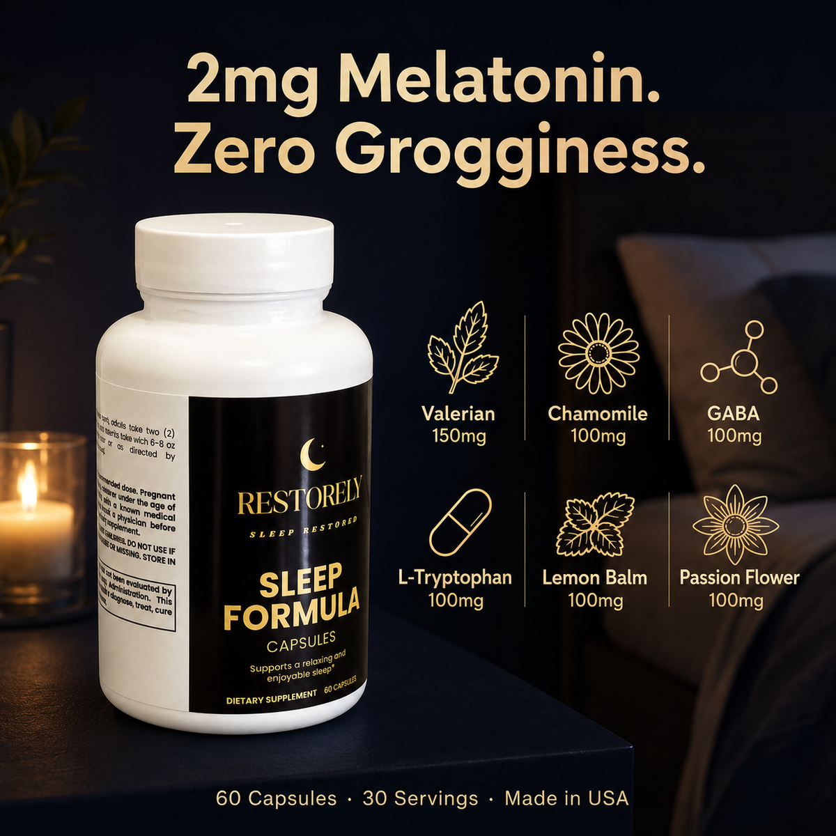 Restorely Sleep Formula Capsules ingredient benefit infographic