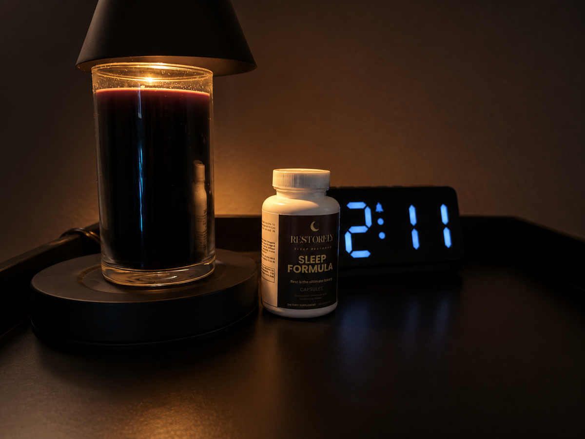 Restorely Sleep Formula — cinematic night ritual with candle warmer