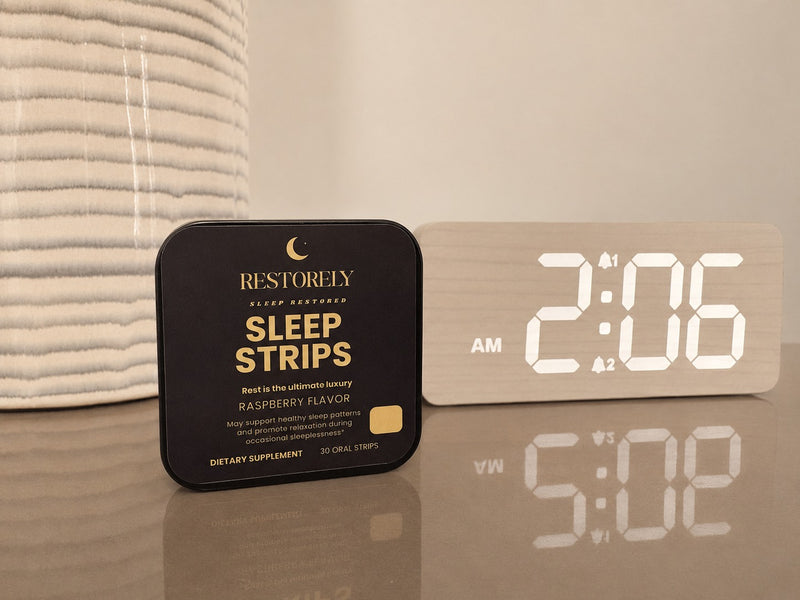 Restorely Sleep Strips tin on nightstand at night with LED clock