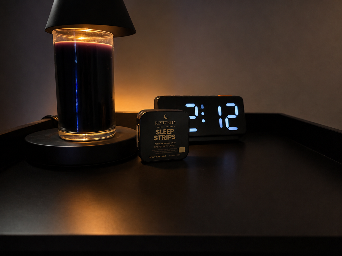 Restorely Sleep Strips — cinematic night ritual with candle warmer