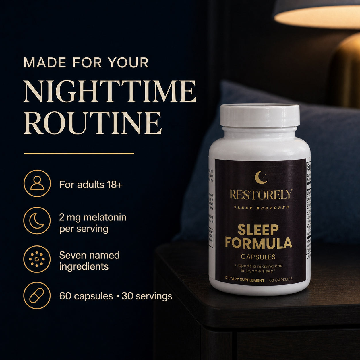 Sleep Formula fact card: for adults 18 and older, 2 milligrams melatonin per serving, seven named ingredients, 60 capsules and 30 servings