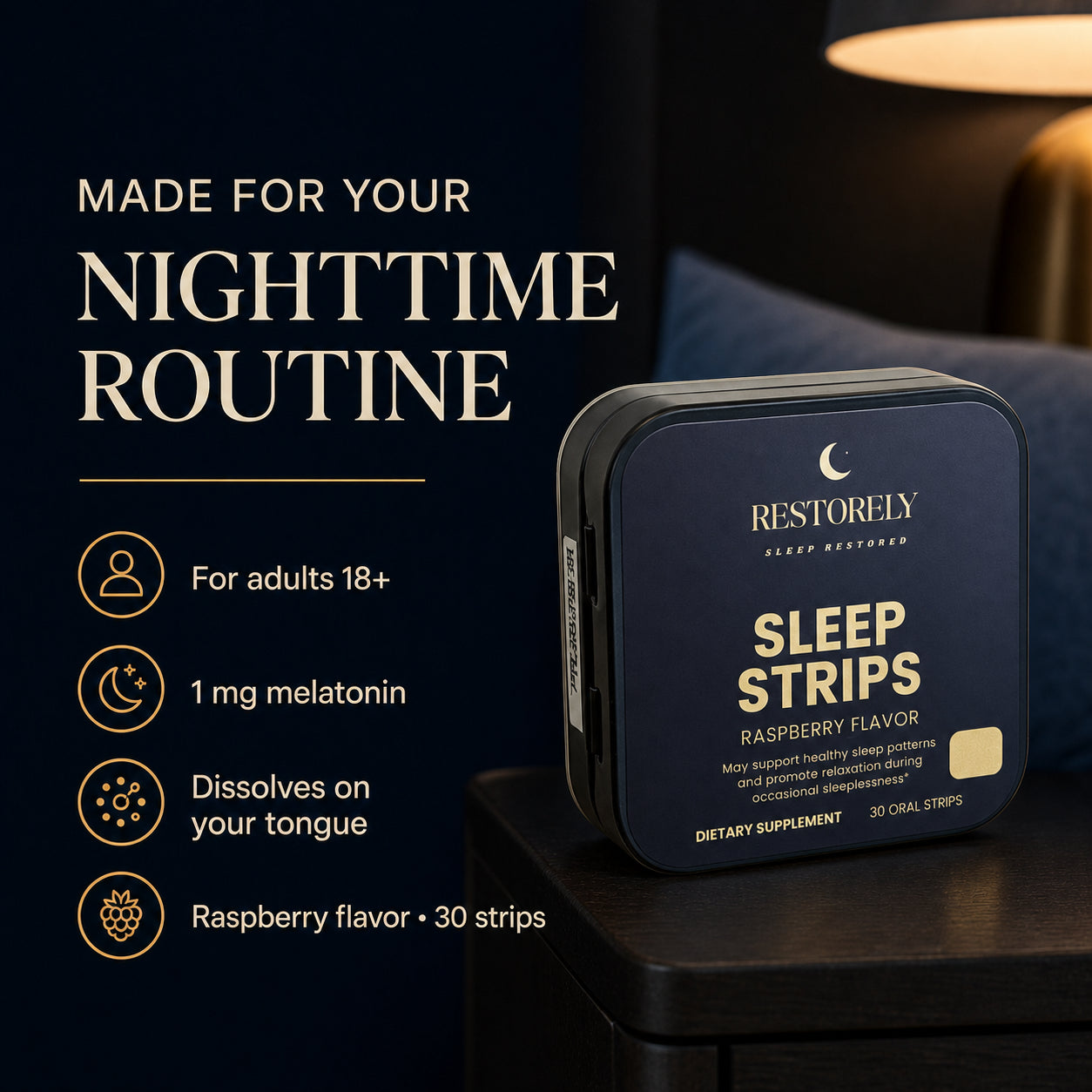 Sleep Strips fact card: for adults 18 and older, 1 milligram melatonin, dissolves on the tongue, raspberry flavor, 30 strips
